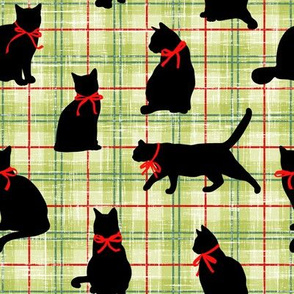 Black Cat Silhouettes w/ Bow on Green Holiday Plaid