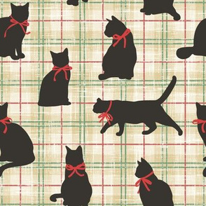 Dark Gray Cat Silhouettes w/ Bow on Beige Holiday Plaid