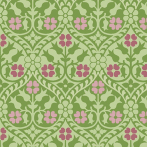 Medieval-style floral, rose-pinks on green