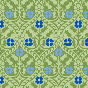Medieval-style floral, blue on green