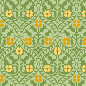 Medieval-style floral, goldenrod on green