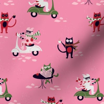 Caffeinated  Kitties in the City - pink/red/green