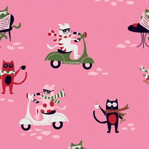 Caffeinated  Kitties in the City - pink/red/green