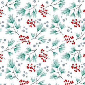 Pine needles and mistletoe christmas garden pine tree flowers boho leaves and branches design winter white red green SMALL