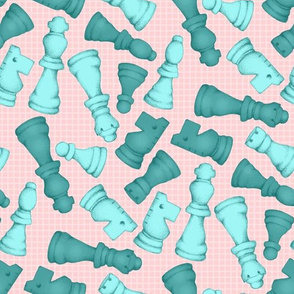 Once a Pawn a Chess Game - turquoise and teal green on pale coral pink 
