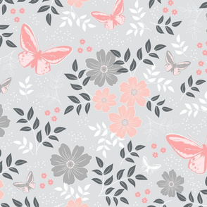 Floral Butterflies Blush Grey - large-jumbo scale