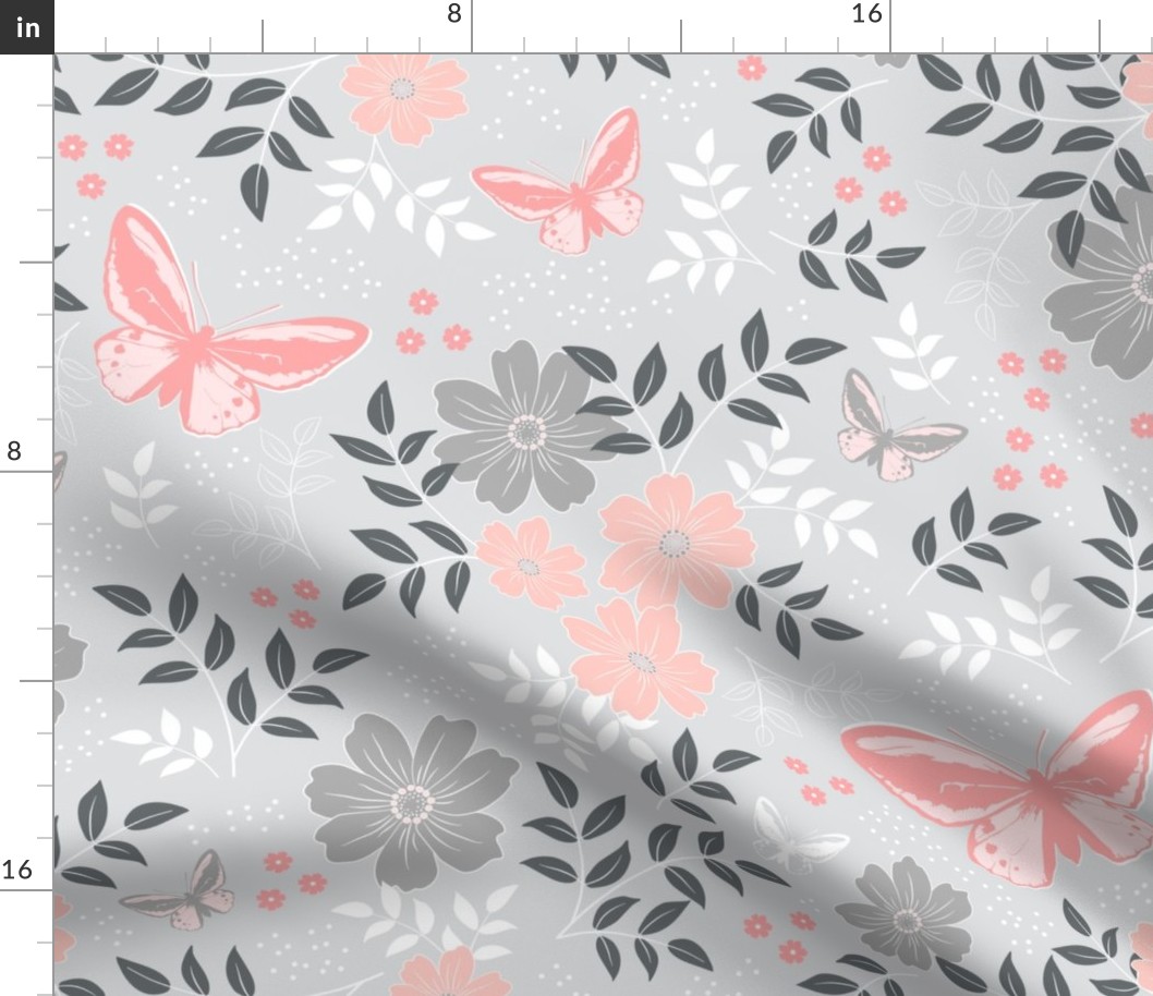Floral Butterflies Blush Grey - large-jumbo scale