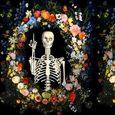 4 roses wreaths garlands middle finger salute obscene rude flipping off bird fuck you off insult skulls skeletons Victorian floral flowers colorful leaf leaves contrast rainbow colorful orange red yellow blue white black elegant gothic lolita borders oval