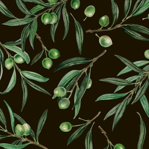 Olive branches watercolor on black