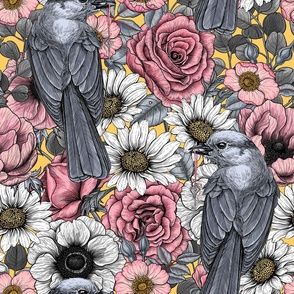 Gray jays and flowers on yellow