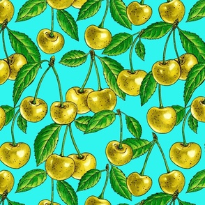 Yellow cherries on turquoise