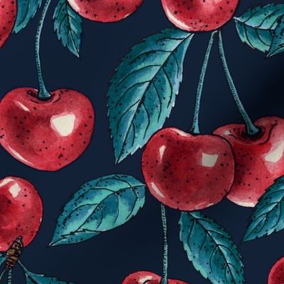 Red cherries on dark blue