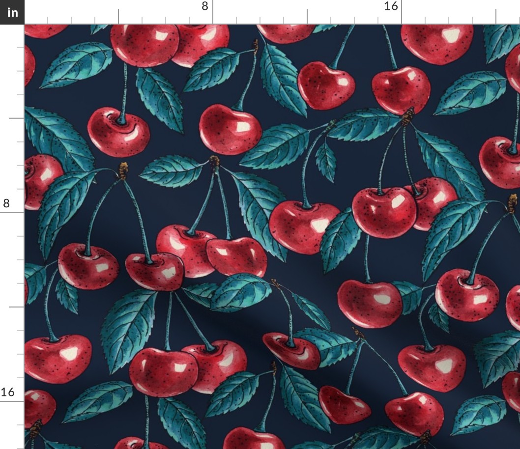 Red cherries on dark blue