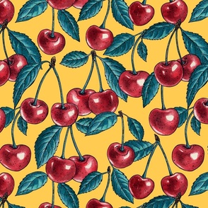 Red cherries on dark blue on yellow