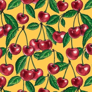 Red cherries with green leaves on yellow