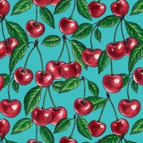 Red cherries with green leaves on turquoise