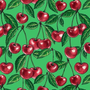 Red cherries with green leaves on green