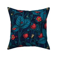 Wild strawberries with blue leaves on dark blue