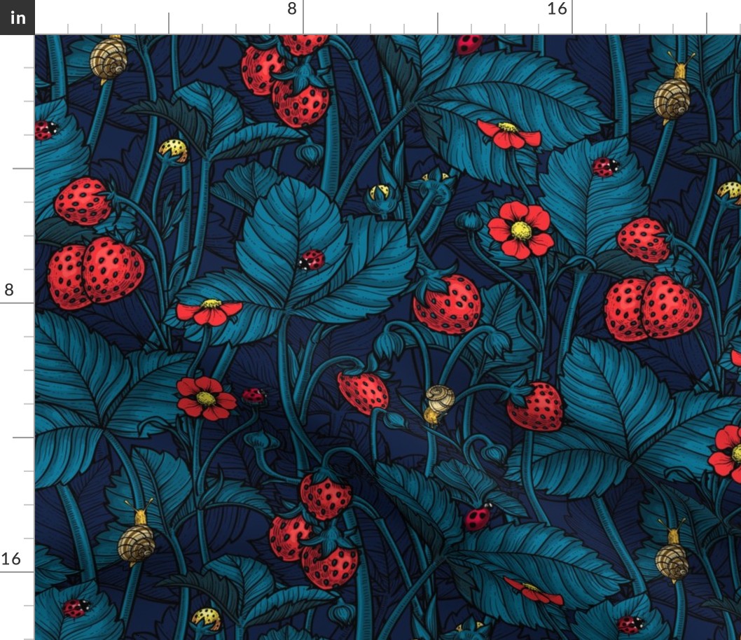 Wild strawberries with blue leaves on dark blue