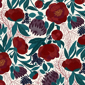 Embroidered Peony_ King Protea_ berries floral pattern wallpaper