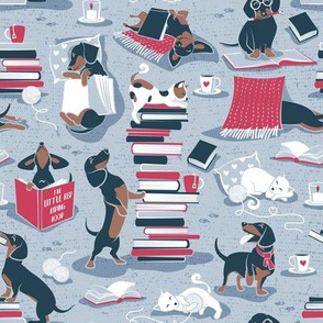 Small scale // Life is better with books a hot drink and a doxie friend // blue background brown white and blue Dachshunds and cats and red cozy details