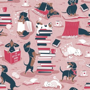 Small scale // Life is better with books a hot drink and a doxie friend // pink background brown white and blue Dachshunds and cats and red cozy details
