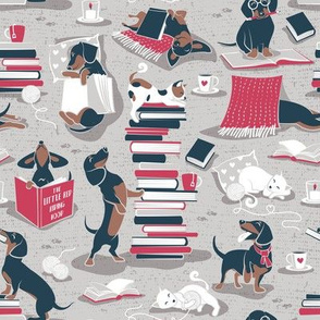 Small scale // Life is better with books a hot drink and a doxie friend // beige background brown white and blue Dachshunds and cats and red cozy details