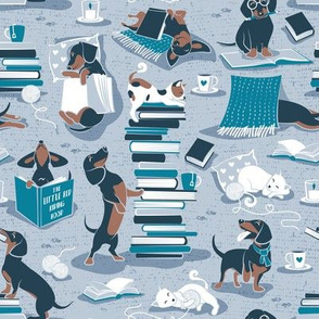 Small scale // Life is better with books a hot drink and a doxie friend // blue background brown white and blue Dachshunds and cats and turquoise cozy details