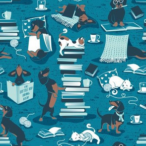 Small scale // Life is better with books a hot drink and a doxie friend // turquoise background brown white and blue Dachshunds and cats and aqua cozy details