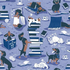 Small scale // Life is better with books a hot drink and a doxie friend // indigo blue background brown white and blue Dachshunds and cats and classic blue cozy details