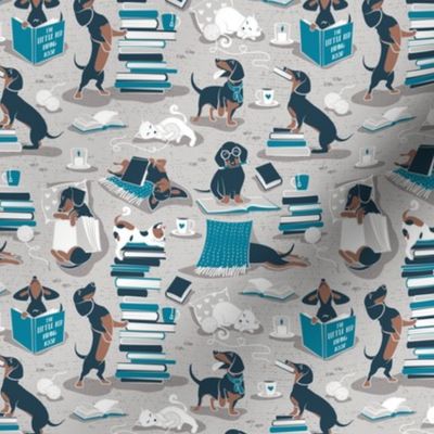 Tiny scale // Life is better with books a hot drink and a doxie friend // beige background brown white and blue Dachshunds and cats and turquoise cozy details