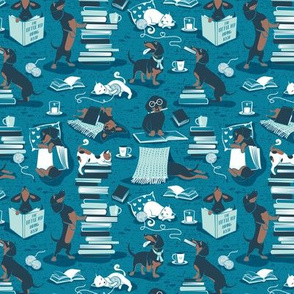 Tiny scale // Life is better with books a hot drink and a doxie friend // turquoise background brown white and blue Dachshunds and cats and aqua cozy details