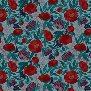 Embroidered Peony_ King Protea_ berries floral pattern green-01