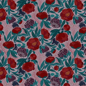 Embroidered Peony_ King Protea_ berries floral pattern purple-01