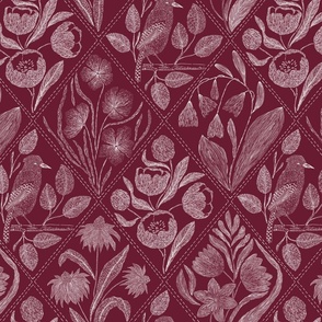 toile de jouy Burgundy background bird, sunflower, peonies, tulip, blu