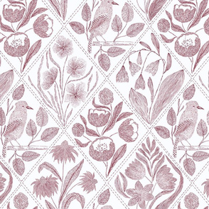 toile de jouy Burgundy red bird tulip sunflower, bluebell, peon