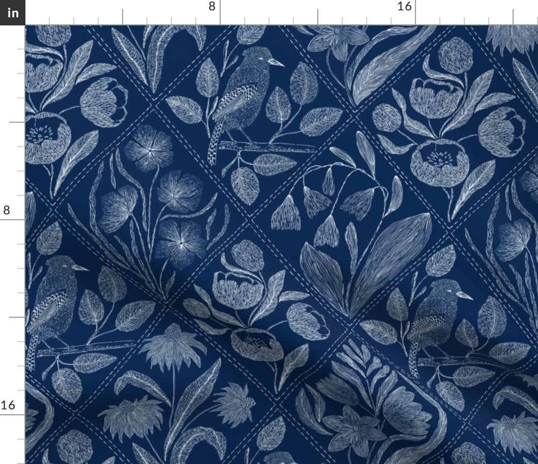 toile de jouy Blue background bird, tulip, daisy, bluebell, sunflower, 