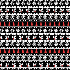 Snowflakes, Trees and Holly - Red and Black on White