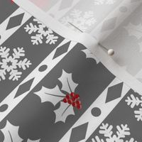 Snowflakes, Trees and Holly - Red and Gray on White