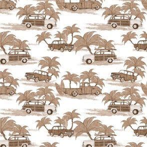 Wallpaper Vintage Beach Cars - Monochromatic Sepia Linen