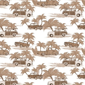 Wallpaper Vintage Beach Cars - Monochromatic Sepia Linen- New 2023