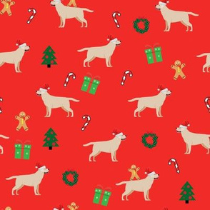 Yellow LabradorRetriever dog  Christmas Red Background