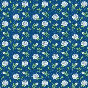Classic Blue Floral green leaves white
