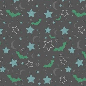 Mint, Green and Grey Bats, Moon and Stars Halloween Print