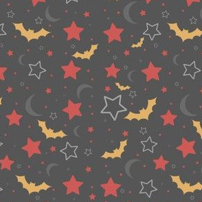 Red, Orange and Grey Bats, Moon and Stars Halloween Print