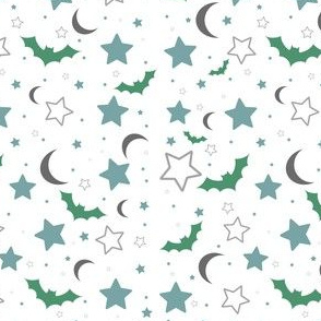 Blue and Green Bats, Moons and Stars Halloween 