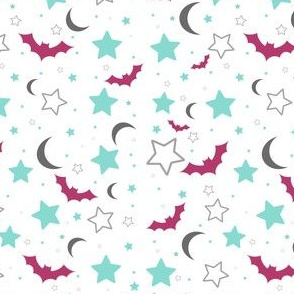 Bright Blue and Purple Bats, Moons and Stars Halloween 