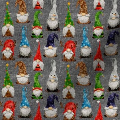 Christmas Gnome Assortment on Grey Linen - extra small scale