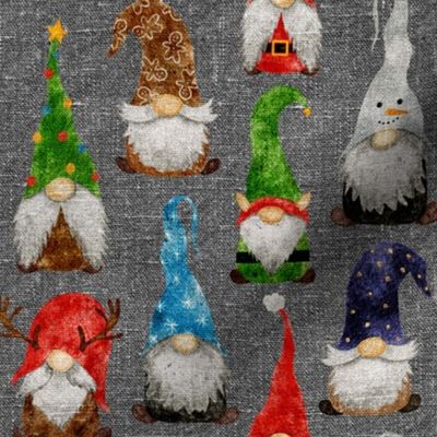 Christmas Gnome Assortment on Grey Linen - small scale