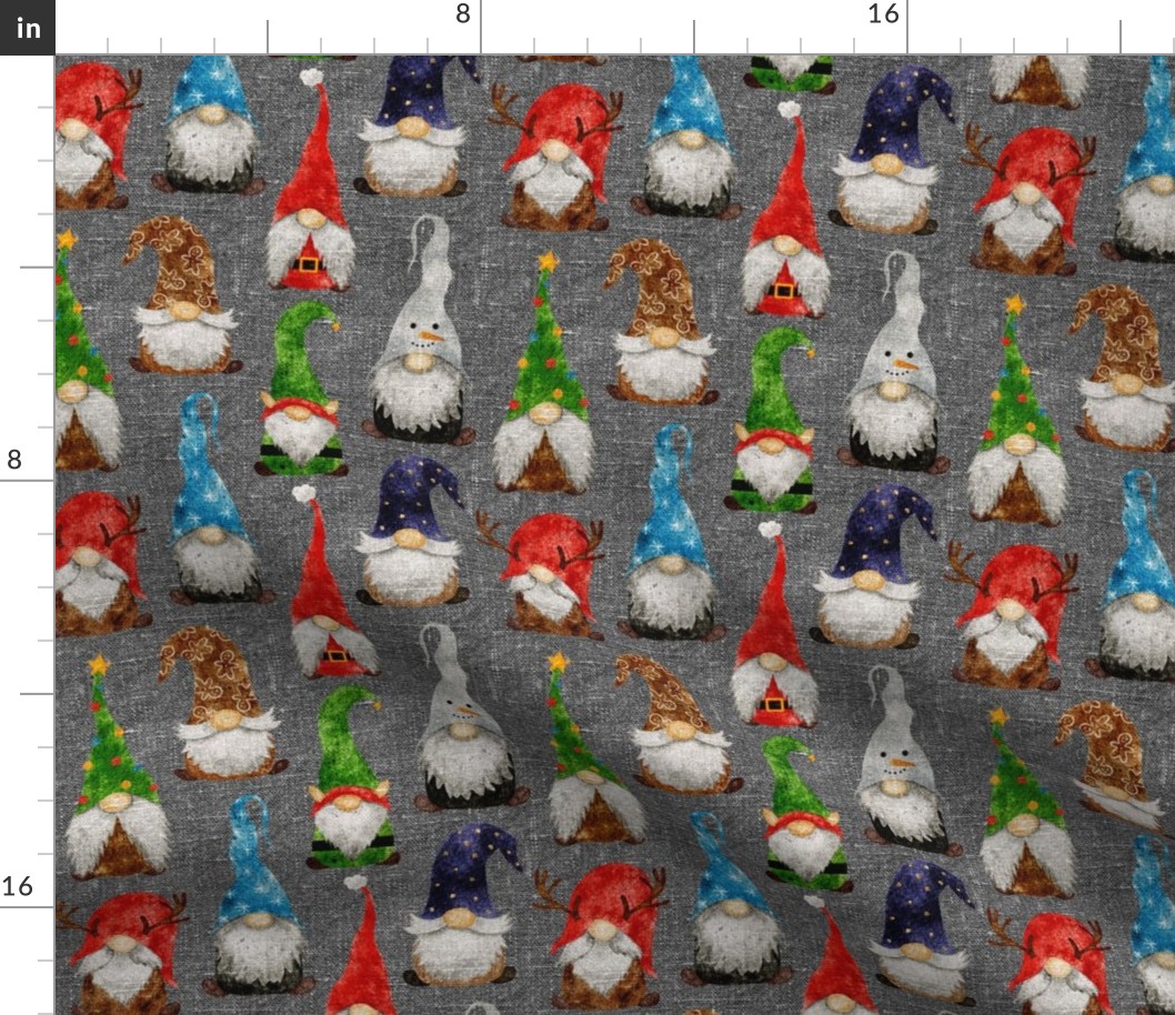 Christmas Gnome Assortment on Grey Linen - small scale